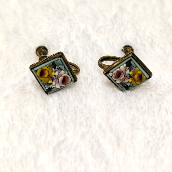 Antique/Rare Fabbrica Angelo Pressar (FAP) Mosaic Floral Earrings Made in Italy - Picture 7 of 7